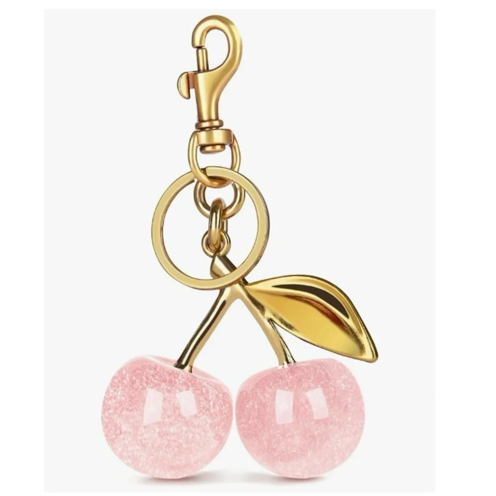 Gold Cherry Fruit Keychain Bag Charm Pendant with Pink Glitter Cherries Bling - Picture 11 of 12